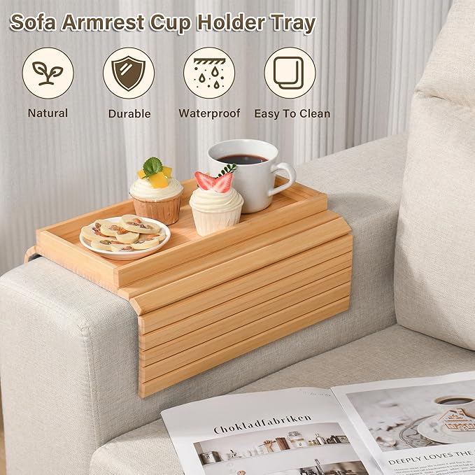Bamboo Sofa Arm Tray, Anti-Dropping Couch Arm Tray, Foldable Sofa Armrest Tray Couch Arm Table for Eats, Drinks, Snacks, Remote, Cellphone, Cup Holder, Back Anti-Slip Pad Design