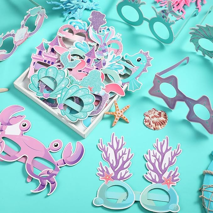 32 Pcs Mermaid Party Decorations Mermaid Paper Glasses Frame Under the Sea Photo Booth Props Mermaid Eyeglasses for Girls Summer Beach Theme Birthday Party Baby Shower Favors Supplies