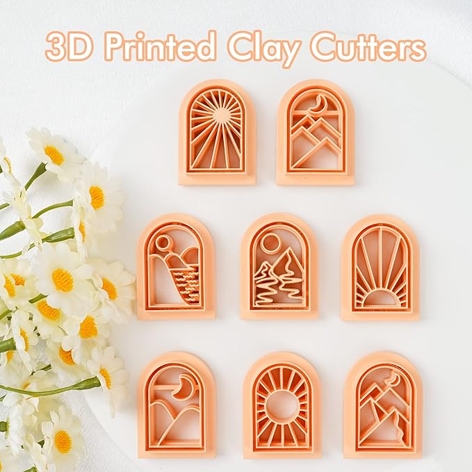 Puocaon Boho Landscape Clay Cutters - 8 Shapes Clay Cutters for Polymer Clay Jewelry Making, Sun Ray Polymer Clay Cutters for Earrings, Arch Clay Cutters Boho Mountain Scene Earrings Making Set
