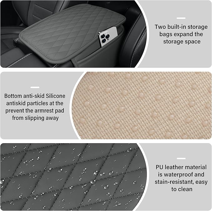 Amiss Car Center Console Cover, Upgraded Leather Car Armrest Cushion with 2 Storage Pockets, Universal Waterproof Cushion Pad, Non-Slip Car Interior Accessories, Fits Most Sedans SUVs Trucks (Gray)