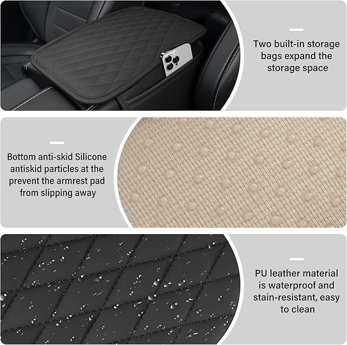Amiss Car Center Console Cover, Upgraded Leather Car Armrest Cushion with 2 Storage Pockets, Universal Waterproof Cushion Pad, Non-Slip Car Interior Accessories, Fits Most Sedans SUVs Trucks (Black)