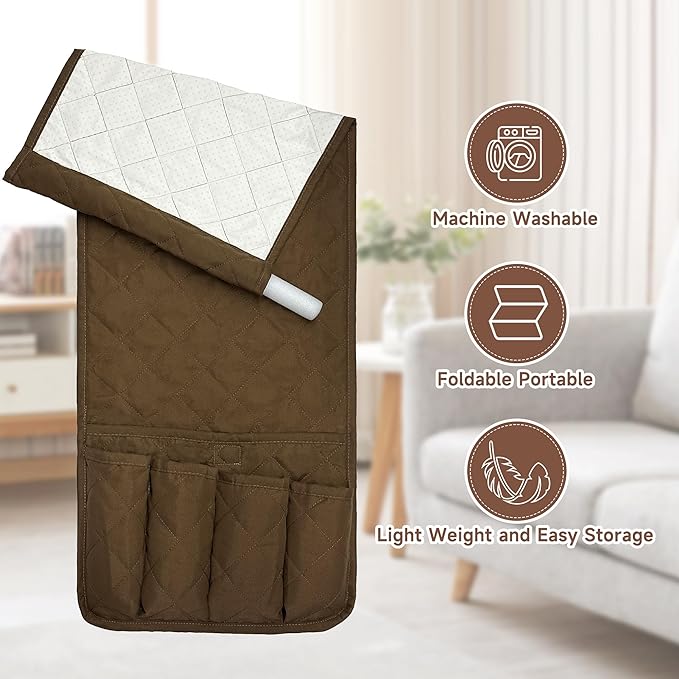 MEHIDFY Sofa Armrest Caddy, Waterproof Bedside Storage Organizer, Non Slip Armchair Pockets, Remote Control Holder for Couch, Handy Pouches with 6 Pockets for TV Remote, Phone, Magazine(Brown)