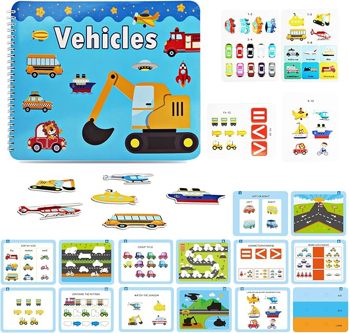 Preschool Montessori Toys for Toddlers, Vehicle Busy Book Learning Toys for Kids Toddlers Preschool Learning Activities, Autism Sensory Educational Toys for Boys & Girls Christmas Birthday Gifts