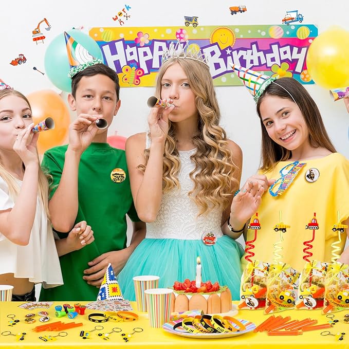 HyDren 194 Pcs Construction Party Favors for 16 People Include Straws Bubble Wands Bracelet Keychain Tattoo Sticker Badge Stamps Cards Organza Bags for Boys Girls Birthday Party Supplies Class Reward