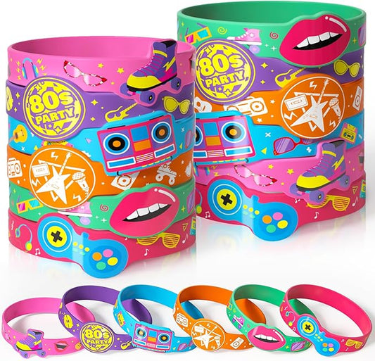 24 Pcs 90s 80s Party Favors Birthdays Supplies Silicone Bracelets Toy Gift Kid Teen Retro Classroom Prize Adult Disco Christmas Easter Hip Hop 80s Accessories 90s Theme Party Decorations