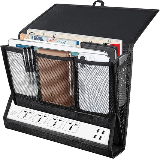 Bedside Caddy Hanging Bed Organizer Storage Bag Pocket with Power Strip Holder Multi-functional Organizer Caddy for Remotes Phone Glasses Magazines, Tablets, Accessories (7 pocket)