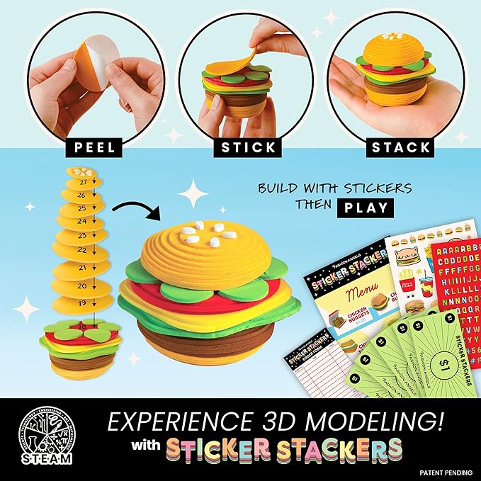 Fashion Angels Fast Food Sticker Stackers, Foam Sticker Stacking Set with 3D Modeling, Includes Play & Pretend Food Stackable Stickers, Craft Activity Kit for Kids