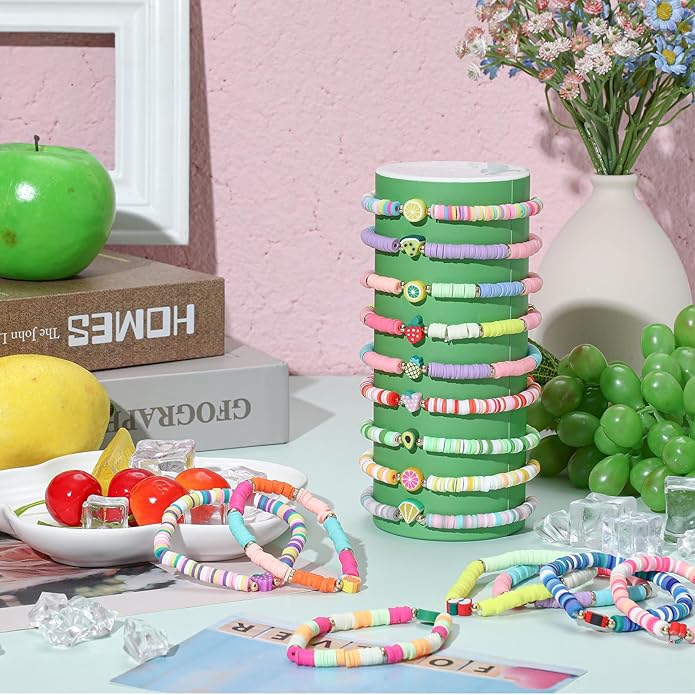 Jadive 48 Pcs Colorful Kids Friendship Bracelet Set Adjustable Stretch Beaded Bracelets Swift Bracelet Preppy Heishi Surfer Bracelets Set Friendship Bracelets for Girls Women Christmas Gift (Fruit)