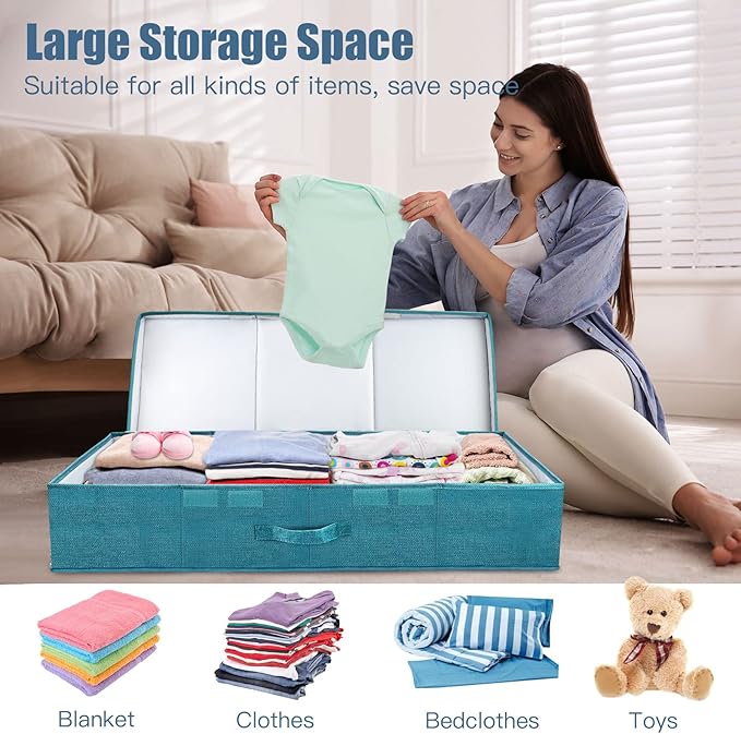 Underbed Storage Containers Bin with Lids (2pcs) Large Under Bed Storage Organizer Box with Handle, Foldable Under the Storage Bags for Organizing Clothes, Shoes, Blankets, Pillows-Cyan blue