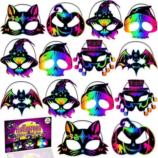 JMUQ Halloween Crafts Scratch Mask for Kids, 36Pcs Halloween Games Scratch Art Craft Kit Rainbow Scratch Paper for Halloween Party Favors Supplies Classroom Favors Halloween Activities