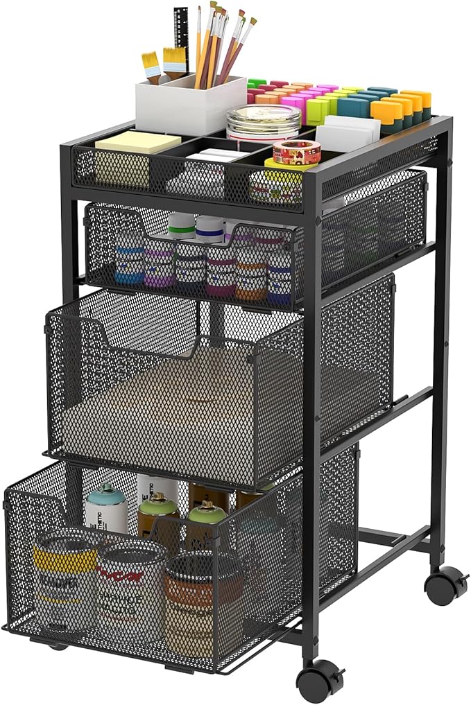 Rolling Utility Cart with 3 Drawers, Craft Organizer and Storage with DIY Divider, Lockable Wheels, Multi-Functional Storage for Art Supplies, Store for Brushes & Paints & Small Parts(Patent Pending)