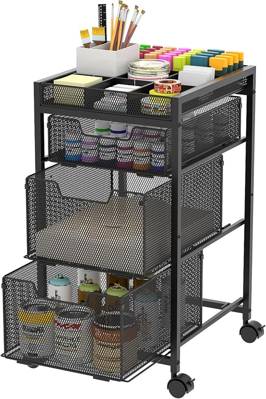 Rolling Utility Cart with 3 Drawers, Craft Organizer and Storage with DIY Divider, Lockable Wheels, Multi-Functional Storage for Art Supplies, Store for Brushes & Paints & Small Parts(Patent Pending)