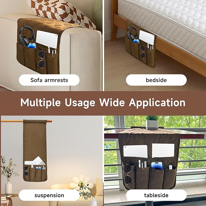 MEHIDFY Sofa Armrest Caddy, Waterproof Bedside Storage Organizer, Non Slip Armchair Pockets, Remote Control Holder for Couch, Handy Pouches with 6 Pockets for TV Remote, Phone, Magazine(Brown)