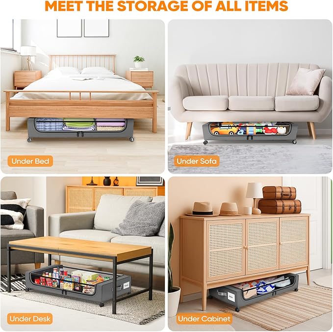 Camkey® Under Bed Storage with 360° Wheels, 2-Pack, 60L Low-Profile Rolling Underbed Bins for Clothes, Shoes, Toys & Books — Easy Pull-Out, Dust Protection, Space-Saving Organizer for Bedroom/Dorm