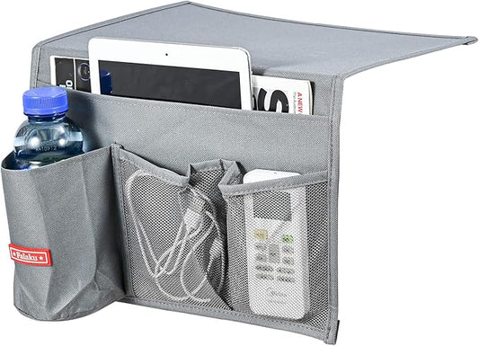 Bedside Caddy, 4 Pockets Bedside Organizer Caddy Under Mattress,Holds Water Bottles,Magazines,Books (Classic 4 Pockets-Grey)