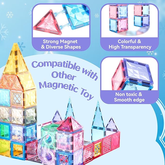 Magnetic Tiles Set, Frozen Magnet Building Blocks with Car Animal Models and Stickers, Construction Educational STEM Sensory Toys Gifts for for 3 4 5 6 7 8 + Year Old Kids Toddlers Boys Girls