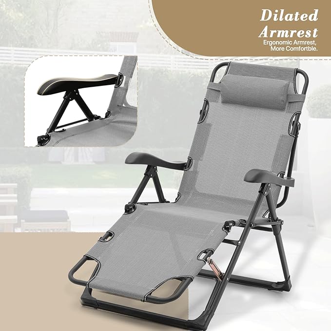 Athena Collection Zero Gravity Outdoor Lounge Chair Recliner, 27" Width Reclining Pool Lounge Lawn Chairs with Headrest and Curved Armrest, Outdoor Chaise for Beach Patio Backyard Outside, Grey