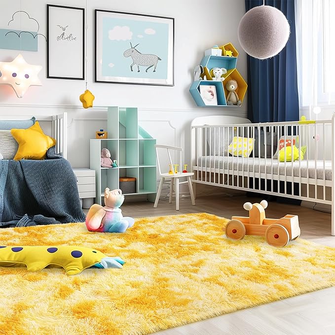 Xexsin Small Rugs for Bedroom, Fuzzy Throw Rug for Living Room Dorm, Soft Fluffy Bedroom Rug, Non Slip Shag Rugs, Modern Indoor Home Decor Aesthetic, 2x3 Feet, Tie-Dyed Yellow