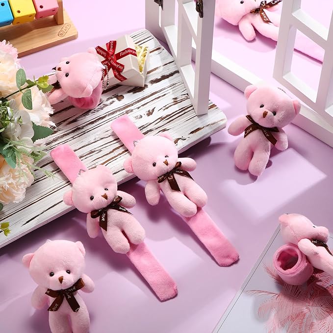 Ceenna 16 Pcs Valentine's Day Stuffed Bear Animal Slap Bracelets Plush Bear Slap Bracelets 8.66 Inch Pink Adorable Bear Slap Wrist Bracelet Bulk for Birthday Party Gifts Favors Goodie Bag Fillers
