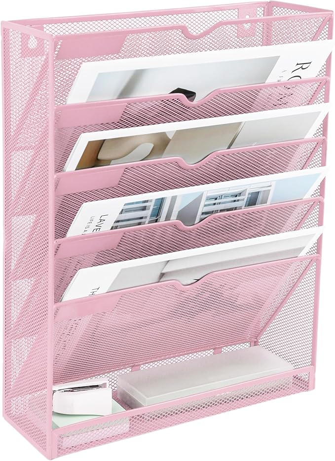 EASEPRES 6 Tier Mesh Hanging Wall File Organizer, Desk Vertical Mail Paper Document Folder Holder Rack with Bottom Tray and Nametag Label for Office Home School, Pink