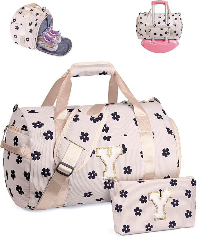 Trip Essentials for Teenager, Girls Gym Bag, Kids Personalized Overnight Duffel Bags with Shoe Compartment, Customized Travel Duffle with Toiletry Bag, Sister Birthday Gifts (Letter Y)