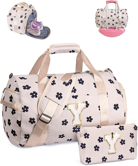 Trip Essentials for Teenager, Girls Gym Bag, Kids Personalized Overnight Duffel Bags with Shoe Compartment, Customized Travel Duffle with Toiletry Bag, Sister Birthday Gifts (Letter Y)