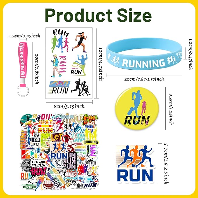98 PCS Running Party Favors, Running Temporary Tattoos Badges Stickers Silicone Bracelets Keychains for Running Marathon Sport Birthday Party Decorations Supplies Gifts for Runners Kids Teens