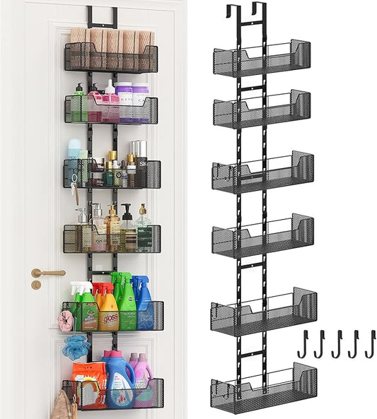 Hongtamoya Over The Door Organizer, Metal Hanging Door Organizer with 6 Adjustable Baskets and 5 Hooks, Behind The Door Storage for Closet Cabinet Kitchen Bathroom Bedroom Pantry Organizer, Black