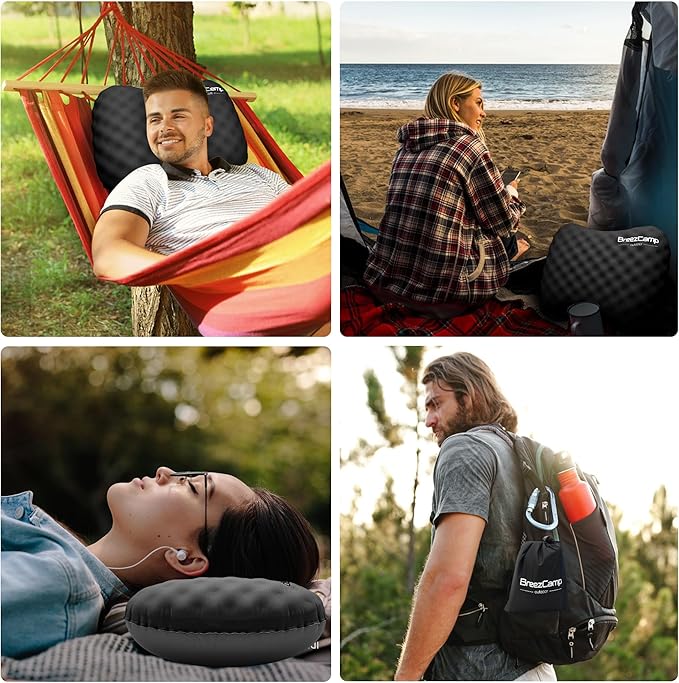 BreezCamp Camping Pillow with Soft Cover, Lightweight Inflatable Pillow for Neck Lumbar Support,Upgrade Backpacking Pillow,Washable Travel Air Pillows for Hiking, Backpacking, Airplane, Beach, Black