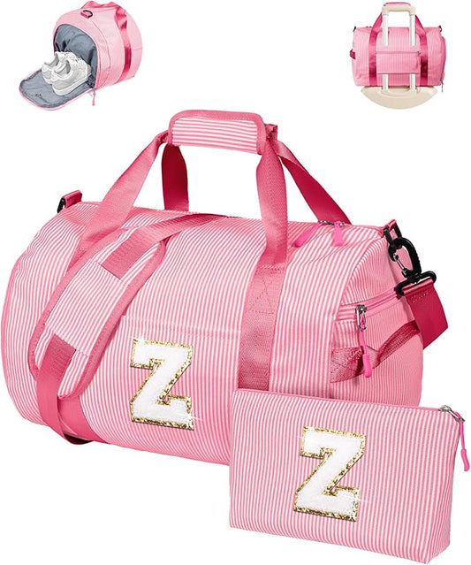 Birthday Gift for Daughter, Girls Travel Duffle Bag, Kids Initial Overnight Bags with Shoe Compartment, Personalized Weekend Bag with Makeup Pouch, Preppy Things for Preteen (Letter Z)