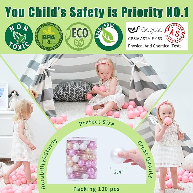 GOGOSO Plastic Balls Play Pit Balls for Baby Kid Ball Play Pit Play Yard, Baby Fance, Playpen, Playtent with 4 Colors,2.17inches, Pearl Pink+Brown+Pearl Red+White