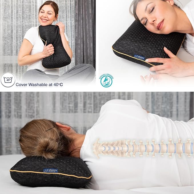 alkamto Travel & Camping Comfortable Memory Foam Pillow – Easy to Carry Portable Bag – Temperature Regulating Pillow Case (Black)
