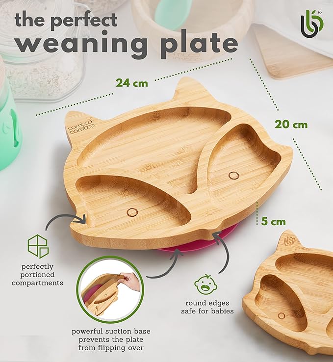 Bamboo Baby Plate with Suction - Kids and Toddler Suction Cup Plate for Babies, Non-toxic All-Natural Bamboo Baby Food Plate Stays Cool to the Touch for Baby-Led Weaning (Fox-Green)