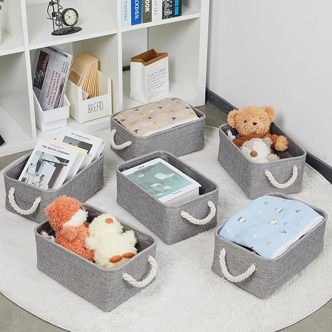 Bidtakay Small Gray Baskets Set of 6 Fabric Storage Bins with Handles 11.8 x 7.8 x 5 inch Collapsible Canvas Organizer Bins Baskets for Organizing Closet Shelf Storage