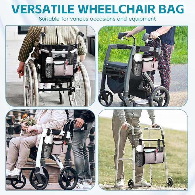 Wheelchair Bag with Cup Holder, Wheelchair Accessories Armrest Side Bag Multi Pockets Pouch for Electric Wheelchairs, Walker, Rollators & Mobility Scooters, Adults, Seniors, Pink