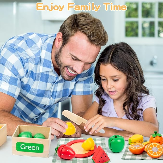 JOCY Wooden Play Food Set for Kids Kitchen – 24 Pcs Montessori Cutting & Sorting Fruits with 4 Boxes, Pretend Play Toys for Toddlers 3+, Educational Gift for Kids