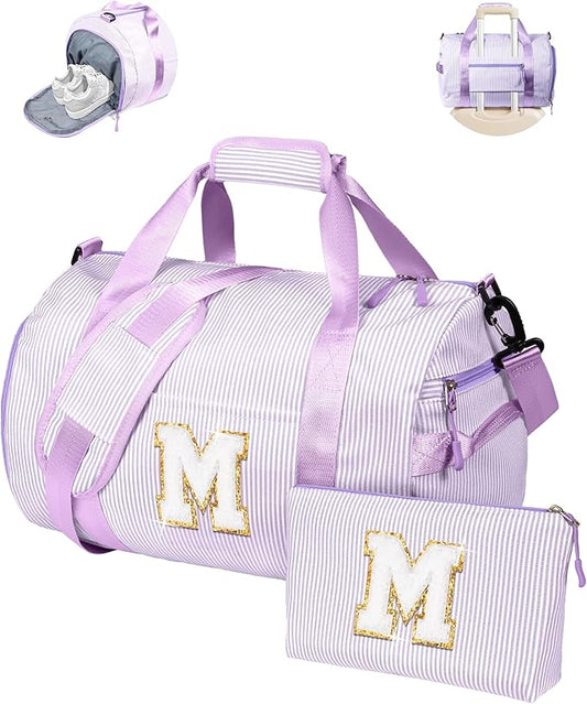 Teen Girl Gifts Trendy Stuff, Girls Travel Duffle Bag, Kids Overnight Duffel Bags with Shoe Compartment, Personalized Dance Bag with Cosmetic Pouch, 9 Year Old Girl Birthday Gift (Letter M)