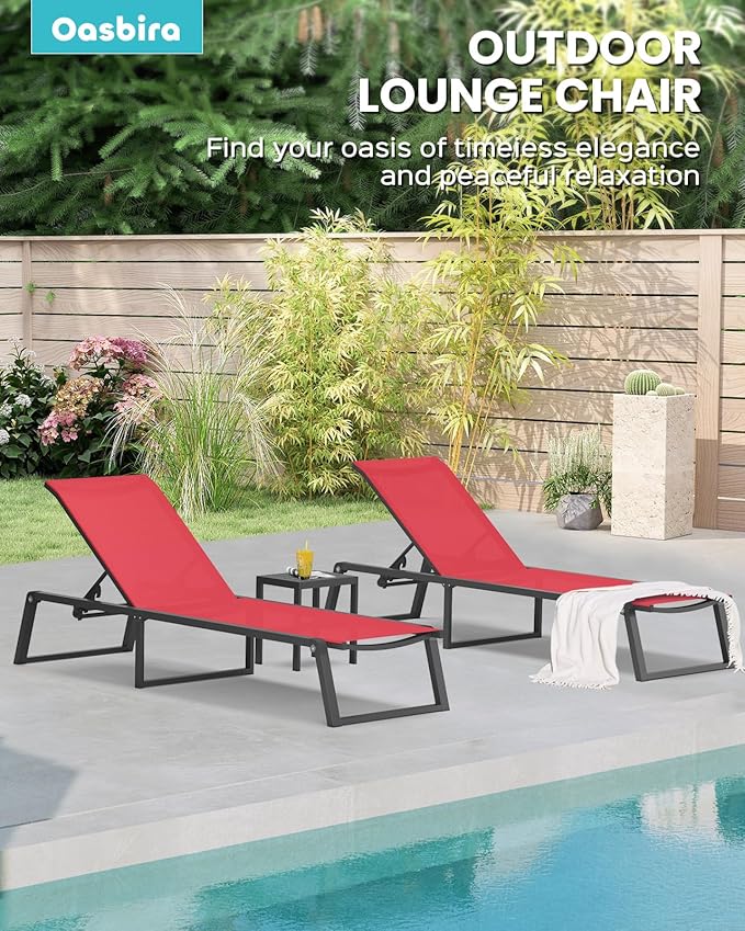 Aluminum Chaise Lounge Chair Outdoor, Foldable & Assembly Free Patio Pool Lounge Chairs 5-Position Recliner for Outside Poolside, Fully Grounded Legs Sun Lounger for Beach, Yard, Red