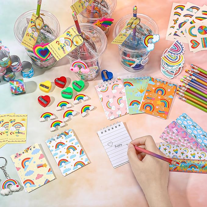 251 Pcs Party Favors Set Includes Drink Gift Cup Mini Notebooks Pencils Heart Eraser Pencil Sharpener Slap Bracelets Ruler Tattoo Stickers Cards Keychain School Stationery Set(Rainbow)