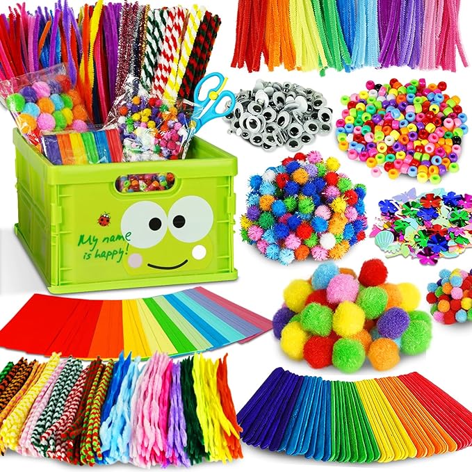 FUNZBO Arts and Crafts Supplies for Kids - Craft Kits with Pipe Cleaners, Popsicle Stickers, Construction Paper, Pom Poms & Googly Eyes, All in One Homeschool Supplies, Gifts for Girls & Boys Age 4+