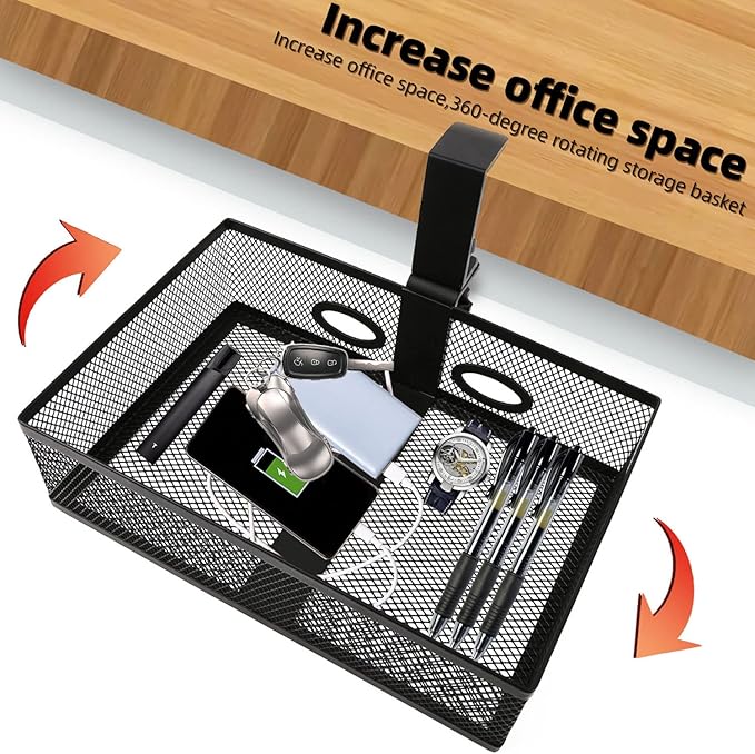RHBLME Black Under Desk Drawer Storage - 360-Degree Rotating Desk Organizer Clamp-on Swivel Pencil Drawer Shelf for Office Tables