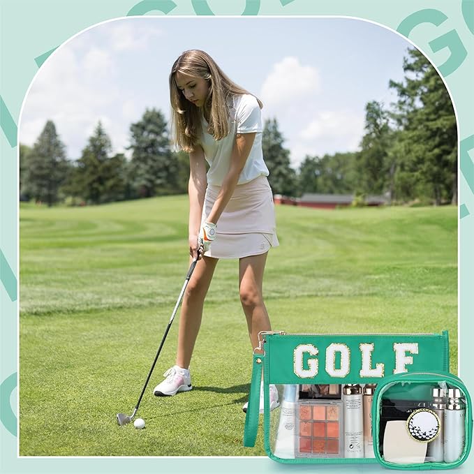 BuyCard 2 Pcs Golf Gifts Cosmetic Makeup Bag with Chenille Letter Patch, Clear Pouch PVC Organizer Purse, Waterproof Travel Bag, Portable Toiletry Storage Bag for Her Girls Friends Women