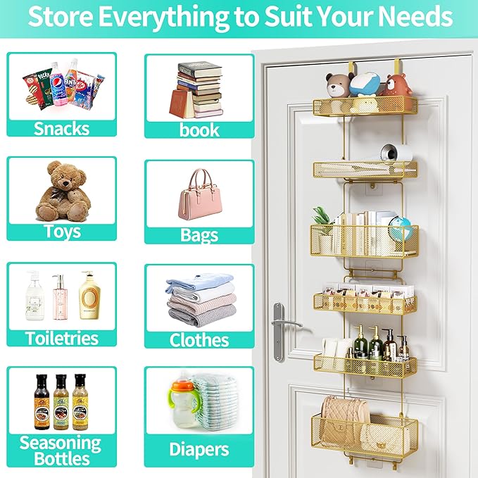 HapiRm Over Door Organizer Storage - Separable Door Organizer Hanging with 6 Metal Large Capacity Baskets for Bathroom Bedroom Kitchen Pantry Closet (Gold)