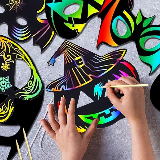 36PCS Halloween Scratch Masks, DIY Rainbow Scratch Paper Mask Art Craft Kit with Bamboo Stylus & Elastic Bands for Magic Scratch Party Favors, Birthday Gifts Pack, Halloween Party for kids