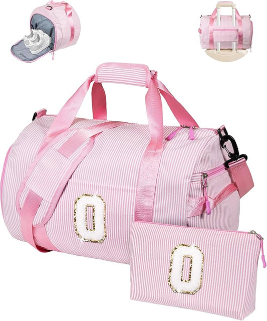 Birthday Gift for Grandkids, Girls Travel Duffle Bag, Kids Initial Overnight Bags with Shoe Compartment, Personalized Weekender Bag with Makeup Pouch, Trendy Stuff (Letter O)