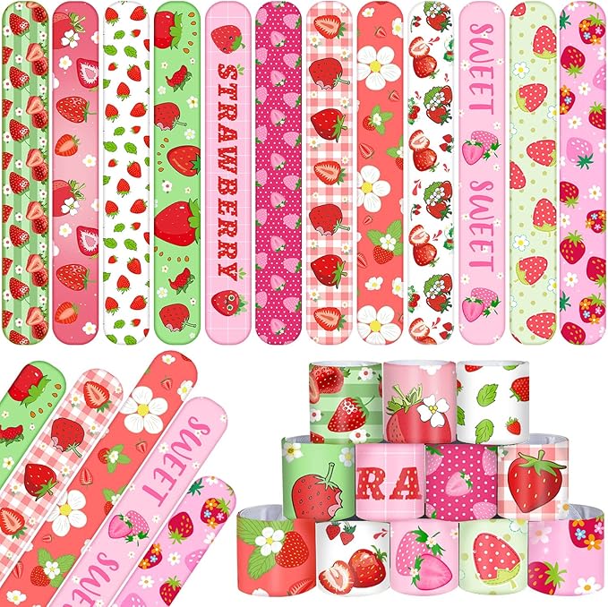 48PCS Strawberry Party Favors Slap Bracelets Berry First Birthday Party Supplies Decorations for Baby Shower Strawberry Party Sweet 1st Birthday Party Strawberry Party Summer Party