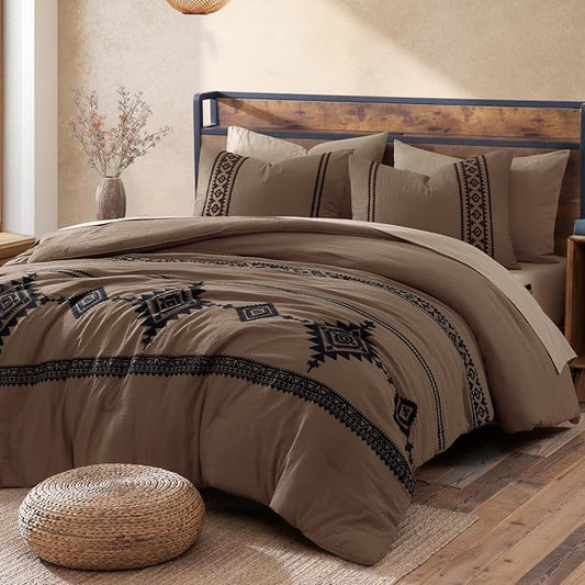 MaiRêve California King Comforter Set Brown, Embroidery Western Bedding Set Boho 7 Pieces, Farmhouse All-Season Bed in A Bag with Sheets, Pillowcases & Shams