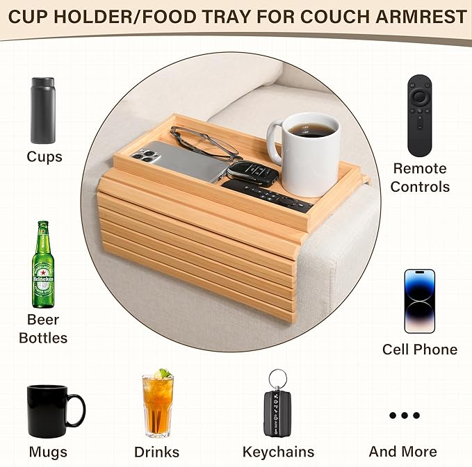 Bamboo Sofa Arm Tray, Anti-Dropping Couch Arm Tray, Foldable Sofa Armrest Tray Couch Arm Table for Eats, Drinks, Snacks, Remote, Cellphone, Cup Holder, Back Anti-Slip Pad Design