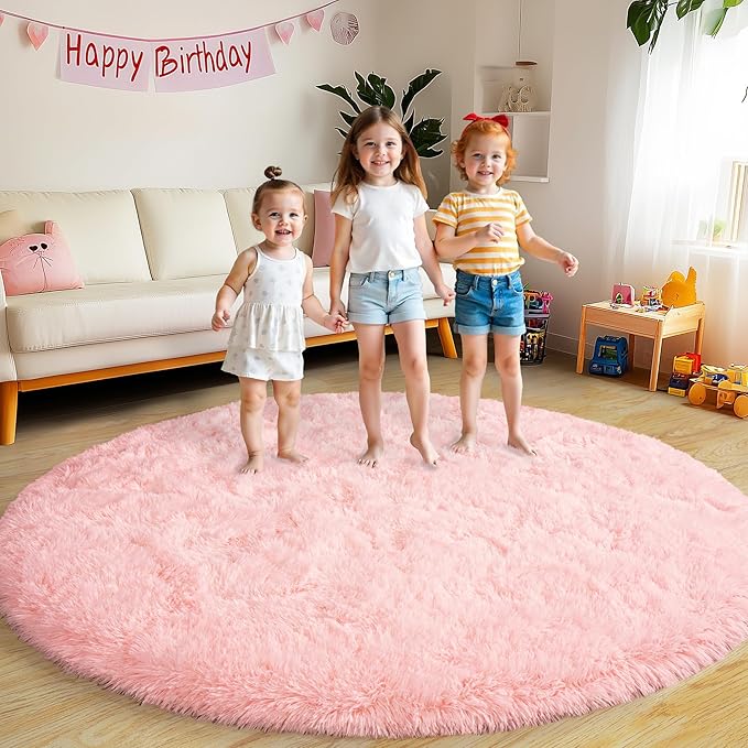 Xexsin Round Fluffy Rugs 6Ft for Girls Bedroom, Pink Shag Circle Kids Rug Non-Slip for Bedside Dorm Nursery Playroom, Soft Cute Area Rugs for Living Room Decor