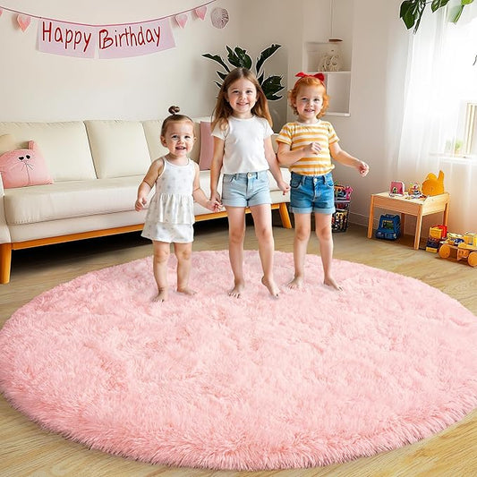 Xexsin Round Fluffy Rugs 6Ft for Girls Bedroom, Pink Shag Circle Kids Rug Non-Slip for Bedside Dorm Nursery Playroom, Soft Cute Area Rugs for Living Room Decor
